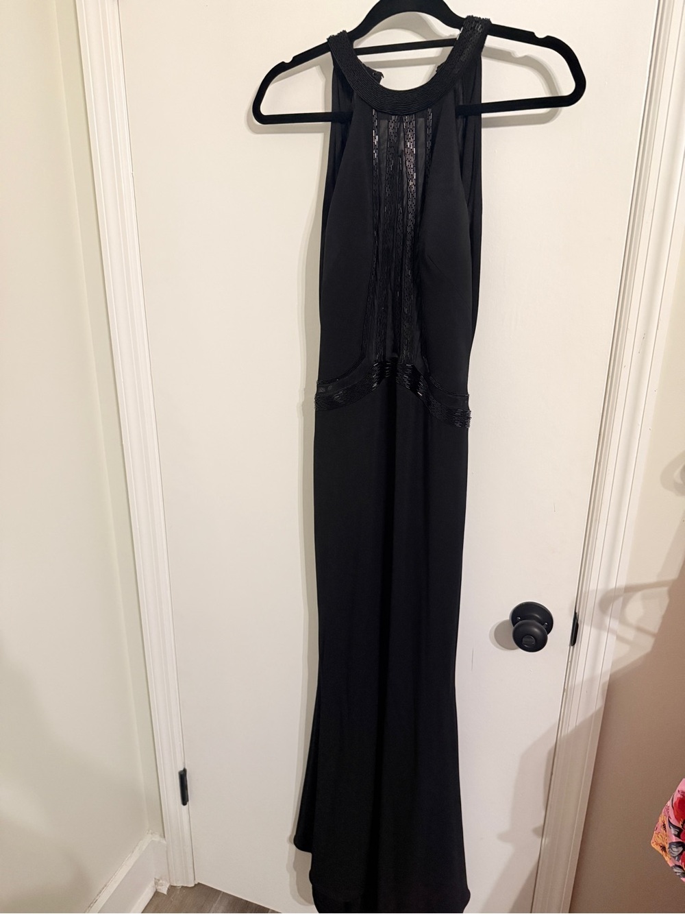 Alberto Makali Black Halter Maxi Dress with Lace Insets (beading worn)